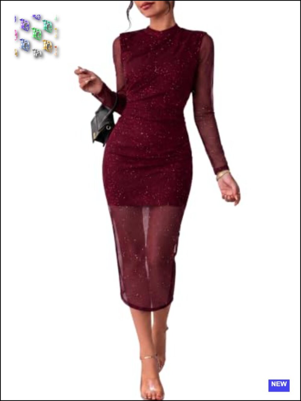 Glitter Sheer Mesh Bodycon Midi Dress, Mock Neck Long Sleeve, Ruched - Picture 1 of 3